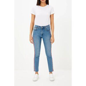 Zara Retro Skinny Mid Rise Jeans Red White Racing Stripes Size 6 Distressed Hem